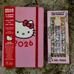 Hello Kitty 2025-2026 17 Month Calendar Planner Leather 7.5”x9.75” & 5 Gel Pens